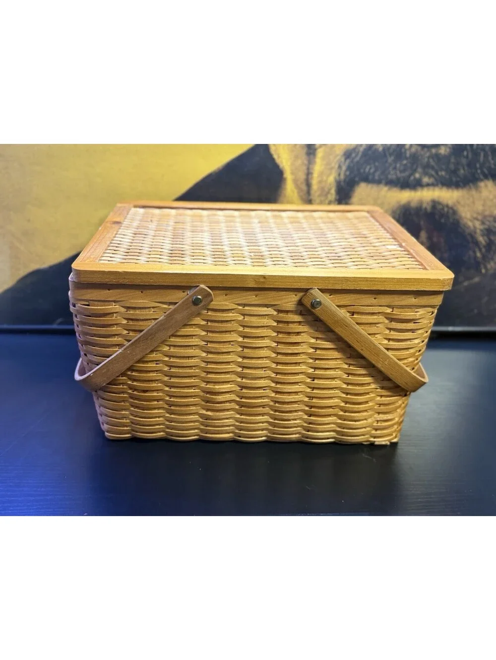 Vintage Woven Wood Picnic Basket Hinged Lid Dual Handles 15x11x9